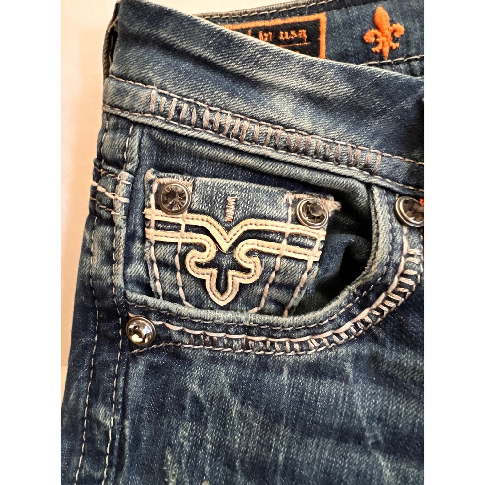 Rock Revival 3011 Bootcut Jeans Blue Distressed Embroidered Flap Pocket Size 25 - Picture 5 of 10